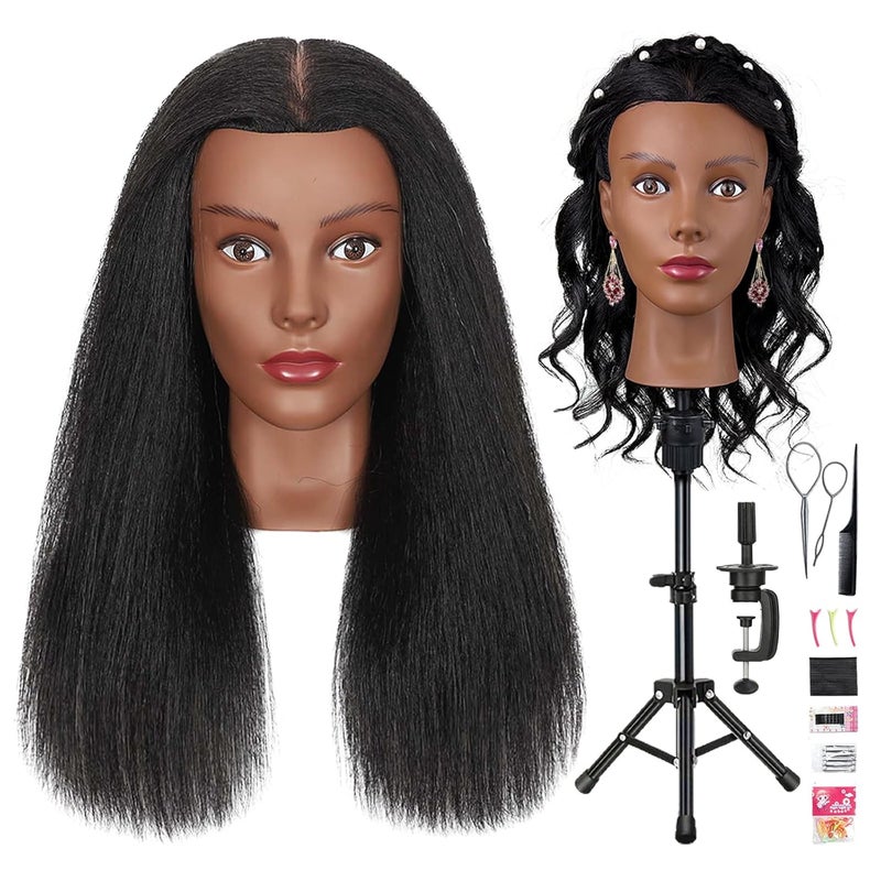 Firstwon 18'' Mannequin Head Human Hair with 100% Real Hair Cosmetology Manikin Doll Head for Hair Styling Mannequin Head for Braiding with Table Clamp Stand and Tools(18Inch-Tripod) - Image 1
